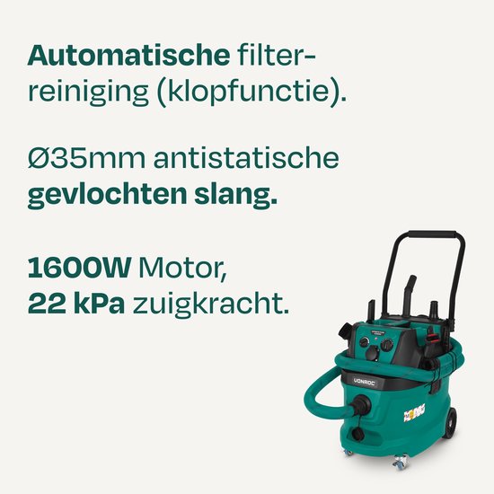 VONROC bouwstofzuiger nat/droog - M-klasse - 1600W - 22kPa - Automatische filterreiniging (klopfunctie) - HEPA H14 - 40L tank – Antistatische slang Ø35 mm