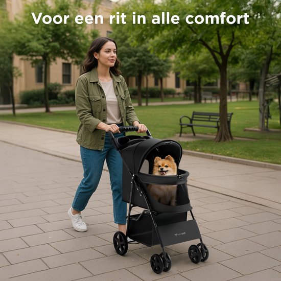 TrevoPet® Inklapbare Hondenbuggy - Voor Kleine en Middelgrote Honden tot 15 kg - Wandelwagen met Bekerhouder & Grote Opbergmand - Zwart
