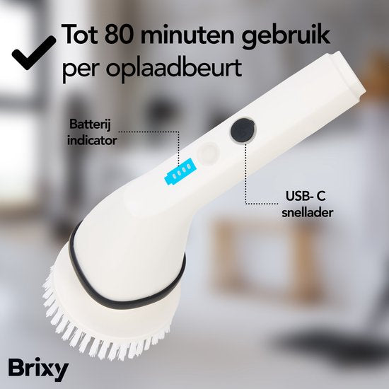 Brixy Elektrische Schoonmaakborstel - Uitschuifbare Schrobborstel - Draadloos - 8 Opzetstukken - Schrobber - Wit