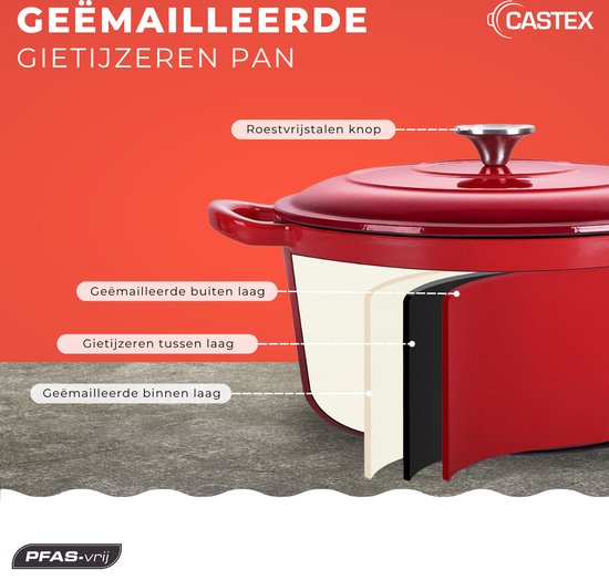Castex Elegance Royal Gietijzeren Braadpan met Deksel 28 cm - Inductie Pan - Braadpannen Gietijzer - Rood