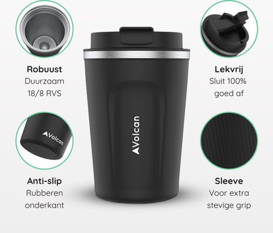 Volcan RVS Koffiebeker To Go - Thermosbeker - Lekvrij - Theebeker - 380ml - Zwart