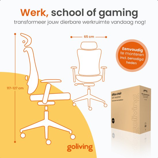 Goliving Ergonomische Bureaustoel - Office  Chair - Met Hoofdsteun - Kantoorstoel - Verstelbaar - Gaming - Voor Volwassenen - NEN-1335 - Zwart