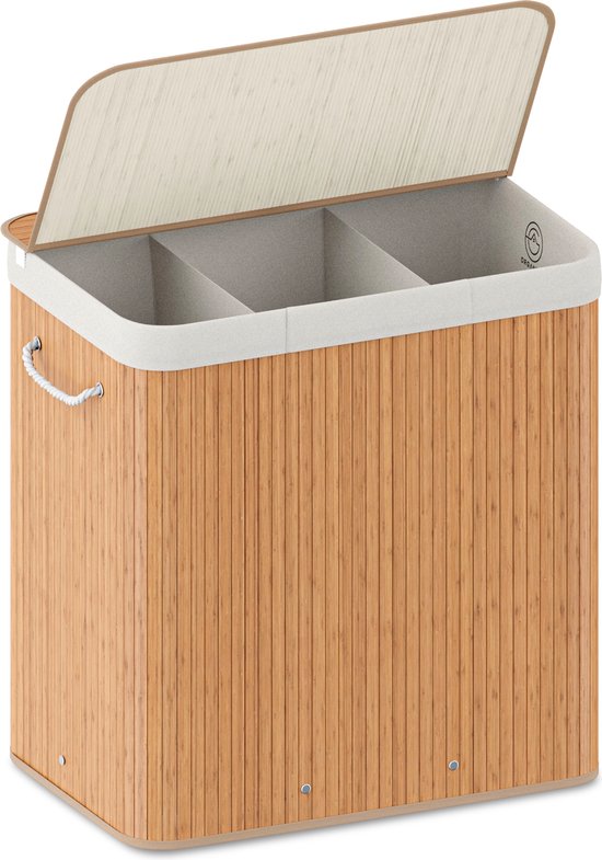 Organess wasmand 3 vakken - Wassorteerder - Wasmand met deksel - Opvouwbaar - 150L - Bamboe