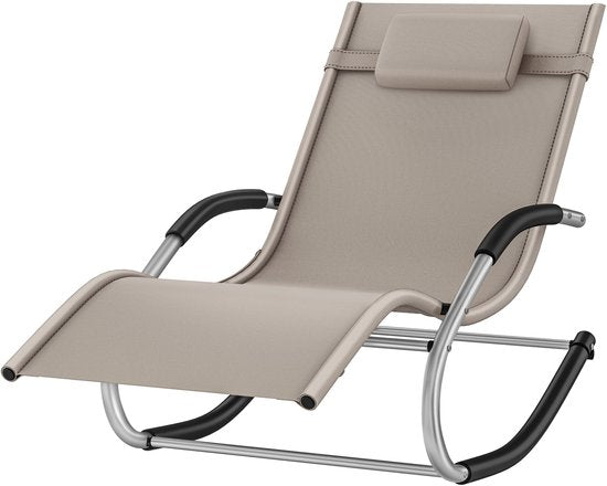 tectake® Ligstoel Taya - Ergonomisch Ligbed voor Tuin, Terras, Balkon - Relaxstoel met Schommelfunctie - Tuinstoel met Comfortabele Armleuningen, Hoofdsteun en Opbergvak - Weerbestendig en Waterafstotend - 120kg Draagkracht - Beige