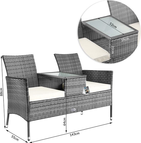 Casaria Polyrattan Tuinbank - Incl. Tafel & Kussens 7 cm - Grijs