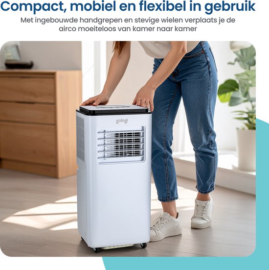 Gologi 3-in-1 Mobiele Airco - Aircooler met Wifi en App - 9.000 BTU/h - Met Raamafdichtingskit - Inclusief Afstandsbediening – Geschikt voor Slaapkamer - Wit