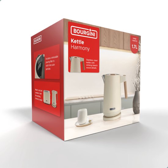 Bourgini Harmony - Waterkoker - RVS - Creme met echte beukenhouten elementen - 1.7L - Licht ontwerp