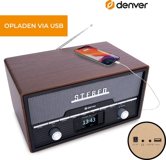 Denver DAB Radio CD Speler - Retro Radio - Bluetooth - DAB+/ FM - CD - MDA525 - Darkwood