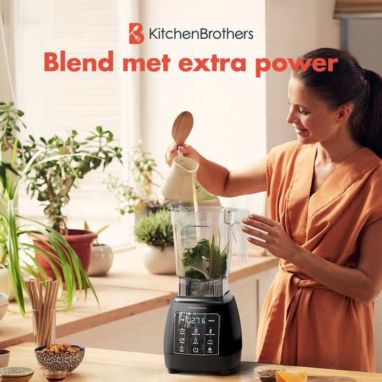 KitchenBrothers 2-in-1 Power Blender - 1600W - 2L - Complete Set met Hakmolen en To-go Beker - Smoothie Maker - IJscrusher - Zwart