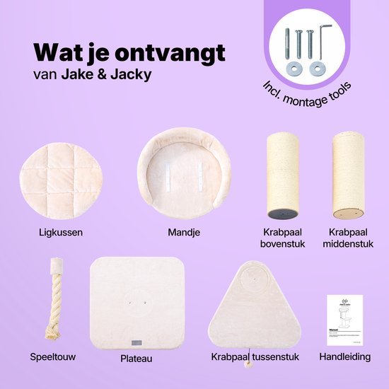Jake en Jacky Krabpaal voor Grote Katten met Mand - Met Speeltouw - Met Opstap - Naturel/Crème - 57x57x121 cm - Ø Krabpaal 20 cm