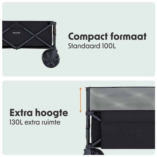 LifeGoods Bolderkar - Opvouwbare Bolderwagen - 100KG - 230L - Verhoogbaar - Met Beschermhoes - Zwart