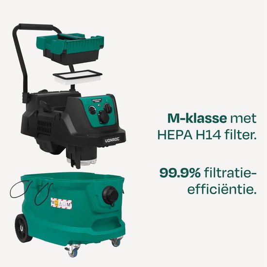 VONROC bouwstofzuiger nat/droog - M-klasse - 1600W - 22kPa - Automatische filterreiniging (klopfunctie) - HEPA H14 - 40L tank – Antistatische slang Ø35 mm