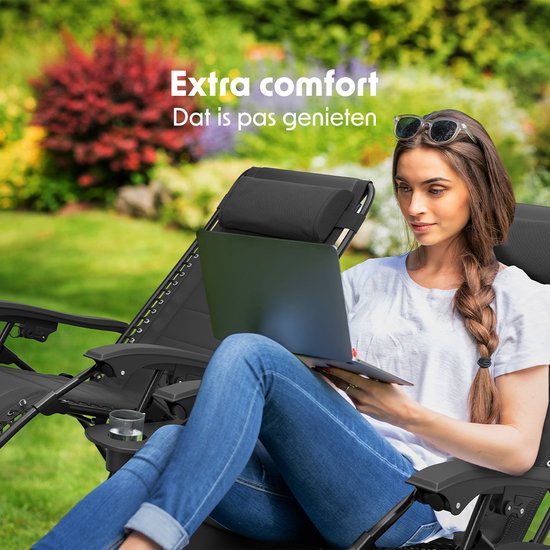 LifeGoods Ligstoelen Comfort - Opvouwbaar - 30°-90° Verstelbaar - Beker en Telefoonhouder - Tuinstoelen - Zwart
