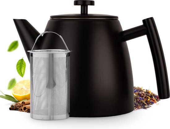 Vaja® Theepot Juliette Zwart - Theepot - Theepot met filter - Theekan - Theepot Dubbelwandig - RVS Theekan - 1 Liter