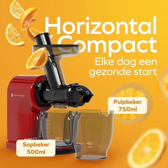 KitchenBrothers Slowjuicer - Compact - Juicer - Groenten en Fruitpers - 45 mm - 500 ml - Rood