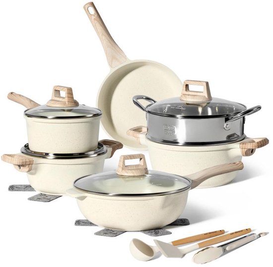15-delige pannenset stoomkoker, antiaanbaklaag in beige graniet - Geschikt voor alle warmtebronnen Just Perfecto JL-779