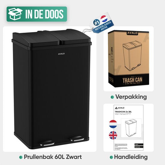 Avalo - Prullenbak Afvalscheiding - 60 Liter - RVS - Zwart - 2 Vakken - 47x38x71 cm