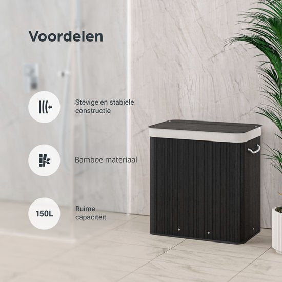 Organess wasmand 3 vakken - Wassorteerder - Wasmand met deksel - Opvouwbaar - 150L - Bamboe - Zwart