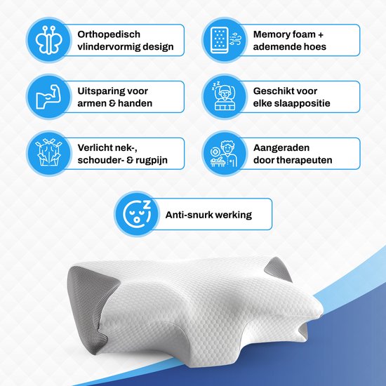 Sleeptight Vlinderkussen - Orthopedisch Hoofdkussen tegen Nekklachten - Ergonomisch Anti Snurk Hoofdkussen – Traagschuim Memory Foam Apneu Kussen - 65x35x13cm
