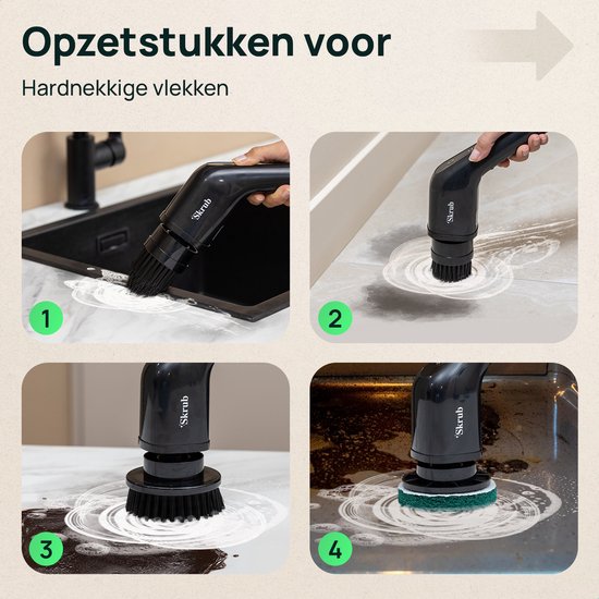 Skrub elektrische schoonmaakborstel 2500mAh - met steel en 8 opzetstukken - veelzijdig voor badkamer, keuken en auto