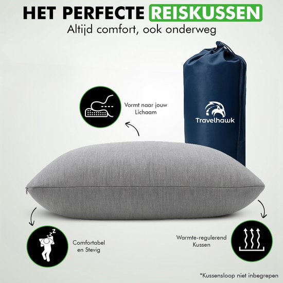 Travelhawk Reiskussen - Kampeerkussen - Nekkussen - Mini Hoofdkussen - Memory Foam - Inclusief Opbergtasje – Compact & Ademend – 55x36x11cm