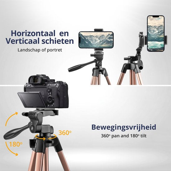 Studio ME Telefoon Statief - 136 cm - Tripod Smartphone - Rosegoud - Camera Statief - Telefoonhouder - Incl. Bluetooth Afstandsbediening - Statief Telefoon