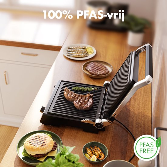 KitchenBrothers Contactgrill Deluxe - Tosti Apparaat - Grill Apparaat - Uitneembare Grillplaten - Panini Grill - 5 hoogtestanden - Croque Monsieur Toestel - 2000W - RVS
