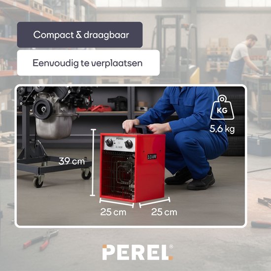 Perel Elektrische ventilatorkachel 3300W, 2 warmtestanden, thermostaat en koelstand, IP24, met oververhittingsbeveiliging, compacte draagbare heater voor werkplaats, garage, hobbyruimte