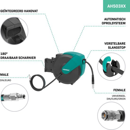 VONROC PRO Automatische Luchtslanghaspel – Luchthaspel – Incl. 15 meter luchtslang, 1 meter aanvoerslang en wandmontageset – 17 bar/250 PSI - Universele EURO/DIN 7.2mm koppeling