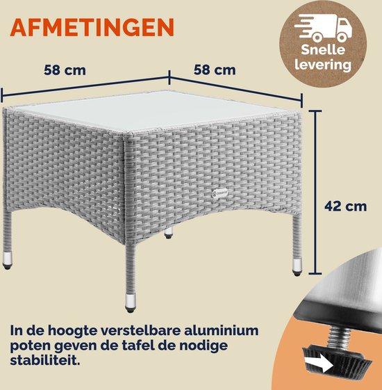 CASARIA Bijzettafel - Polyrattan Buiten Koffietafel 58x58x42cm - Grijs
