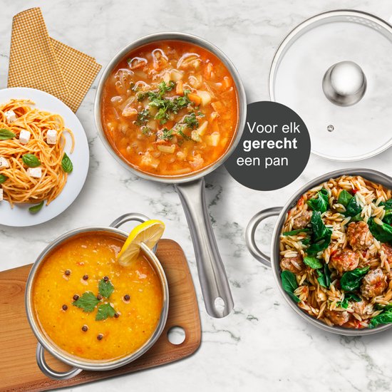 Savoré Kitchen 8-delige RVS Pannenset - Kookpannen met Glazen Deksel - Inductie Pannen - Afgietrand, Maatverdeling en Schenktuit