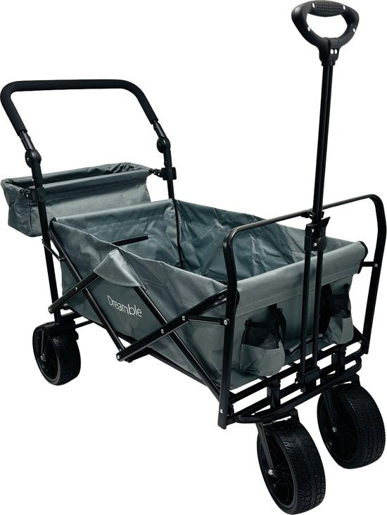Dreamble® | Bolderkar | Grijs | Tot 140KG | 120L | Trek en duwfunctie | Dikke zachte vloermat 4cm - voor kinderen | Extra grote wielen Ø20cm | Extra opbergruimte | 130x110(LxH) | 2 pockets buiten,1 pocket binnenin met rits | Voetrem | Beschermhoes