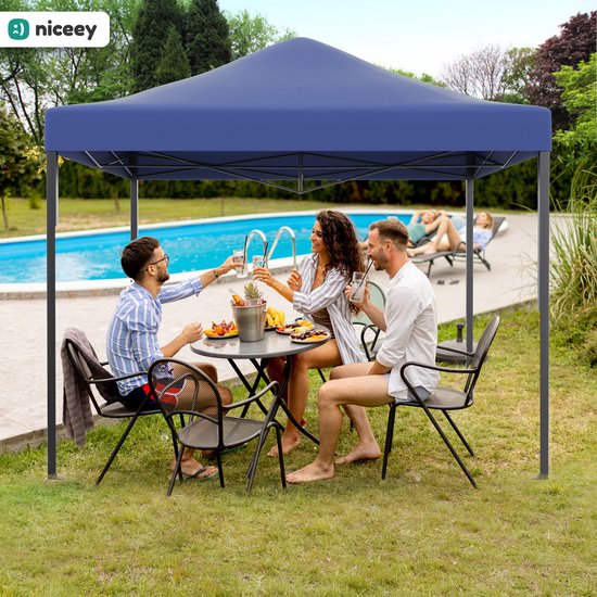 Niceey Partytent - EasyUp - Opvouwbaar - Waterdicht - Met Draagtas met wielen - 300 x 300 cm - Donkerblauw