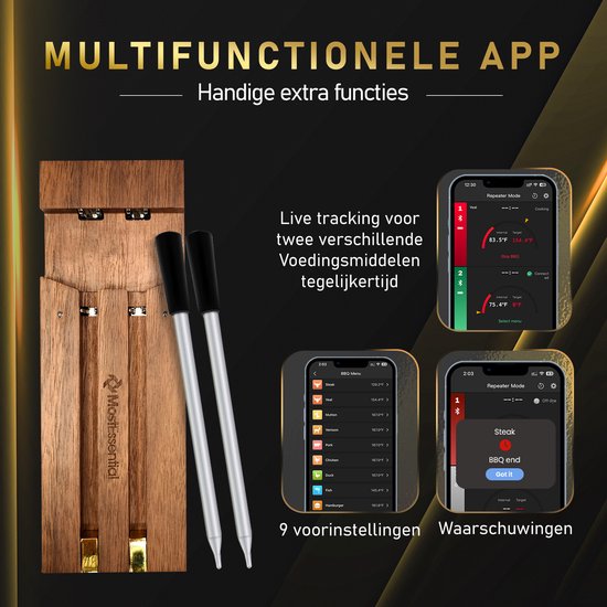 MostEssential Smart Vleesthermometer - 80M Bereik - 36 Uur - Bluetooth 5.2 - 2000mAh - Double Probe Dark Brown Edition