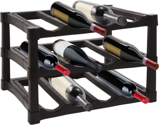 Excellent Houseware Wijnrek / flessenrek - Zwart - Kunststof - 39 x 30 x 25 cm - voor 12x flessen