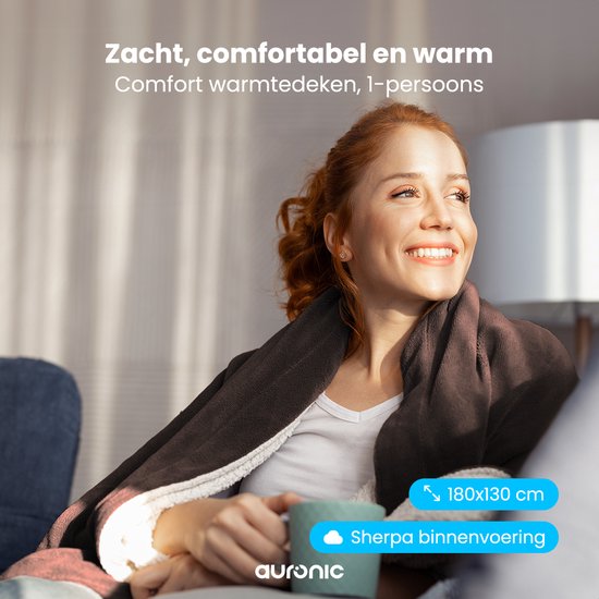 Auronic Elektrische Deken - Warmtedeken - Sherpa Fleece - 9 Hitte en Timerstanden - Bovendeken - 180x130 - 1 persoons - Bruin