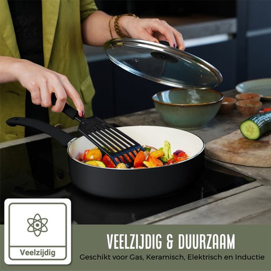 COOCK 19-Delige Pannenset Inductie - Speciale Anti-Aanbak Coating - Ergonomische Koudgrepen - Gerecycled Aluminium - koekenpannenset - kookpottenset - Zwart/Wit - Inclusief Onderzetters en E-book
