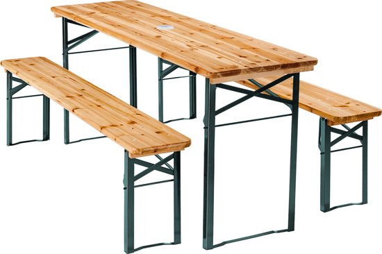 tectake® biertentenset met tafel en 2x bierbanken, met parasolhouder - biertentenset, balkonmeubilair met 1x klaptafel en 2x bierbanken, opvouwbaar, 170 x 46 x 78 cm, gelakt