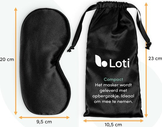 Loti Premium Zijden Slaapmasker + Opbergzakje - 100% Verduisterend Oogmasker - Verstelbaar - Blinddoek - Zijdezacht - Anti-Rimpel – Eye Mask – Sleep Mask – Zwart