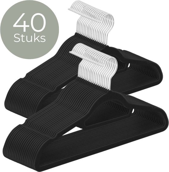 O'DADDY® Fluwelen Kleerhangers - Kledinghangers - Klerenhanger - 40 Stuks Kleren Hangers - Antislip - 43,5 cm - Kleerhangers kunststof - Zwart