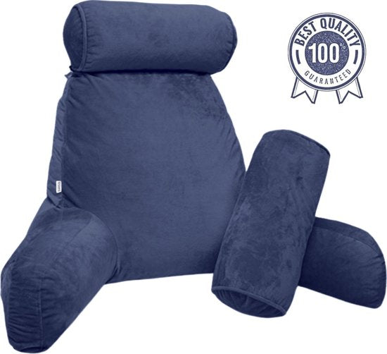 Q-Living XXL Leeskussen met Extra Nekrol - Relax Kussen - Zitkussen - Onderrug Ondersteuning - Leeskussen Voor In Bed - Blauw