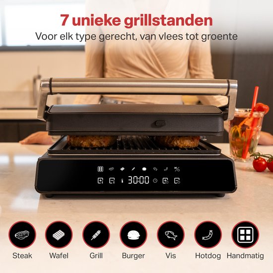 AoraKitchen Contactgrill - 180º Uitklapbaar - Grill Apparaat met Uitneembare Platen - 7 Standen - Tosti en Panini Ijzer - 2000W