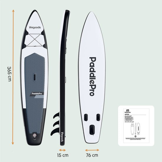 LifeGoods SUP Board Touring - 165 KG Draagkracht - 365 x 76 cm - Opblaasbaar - Compleet Sup pakket - Wit/Zwart