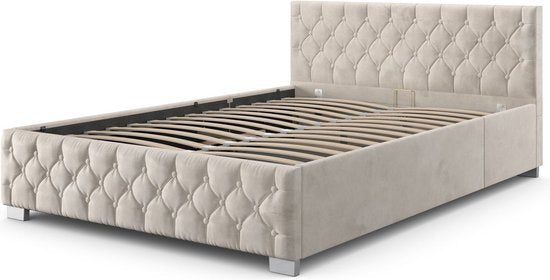 Gestoffeerd Bed Nizza - 140 x 200 cm - Beige - LED Verlichting & Bedlade