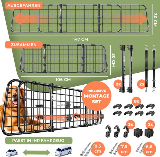 LovPet® Hondenrek Auto, Universele Auto Afscheiding, Verstelbare Breedte, Hoofdsteun Bagagerek Kofferbak Bescherming Afmetingen HxB 30 x 91-153 cm , + 2x Veiligheidsriem voor Honden - Zwart