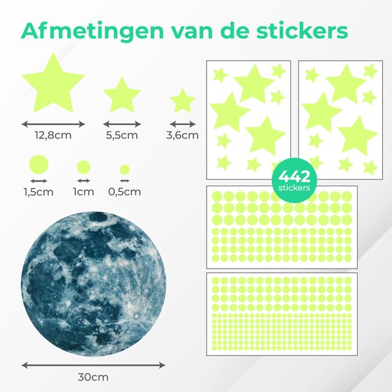 Nuvance - Glow in the Dark muur stickers (Maan en sterren) - 442 Stuks - Acryl