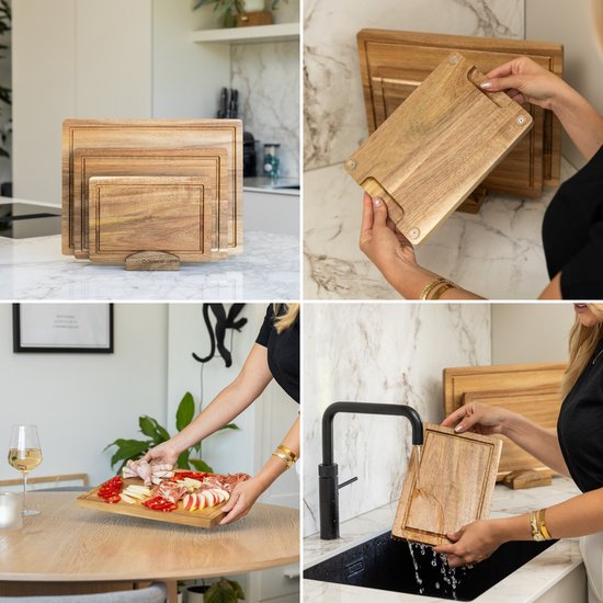 Deleca 3-Delige Snijplankenset met Houder (40x30 / 33x24 / 26x18 cm) - Voor Keuken, Snijplanken, Serveerplank, Kaasplank, Borrelplank en Tapasplank - Snijplank Acacia Hout