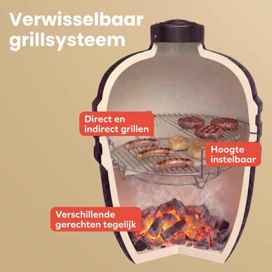 KitchenBrothers Kamado BBQ - 21 Inch Houtskool Barbecue - PFAS-Vrij - 45⌀ cm - Complete Set - Egg BBQ met Accessoires inclusief Hoes - Zwart