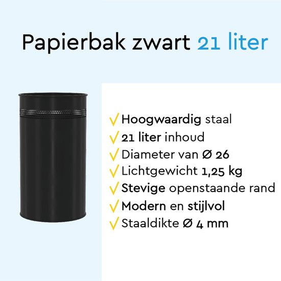 BRASQ Prullenbak Metaal Kantoor/ Thuisgebruik - Vuilnisbak - Afvalemmer - Papierbak - Rond - Prullenbakken - Zwart 21 liter