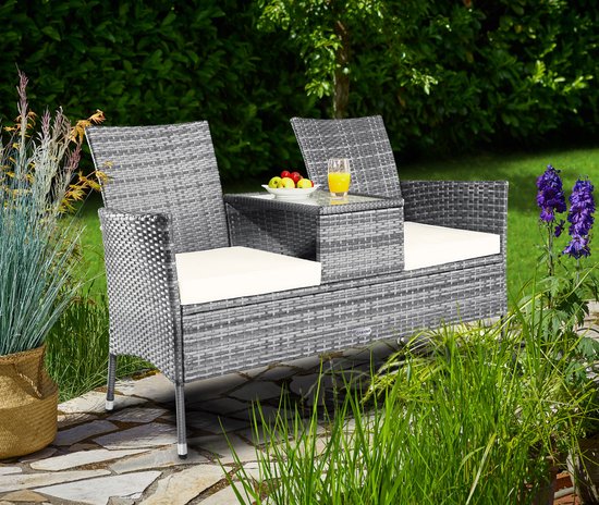 Casaria Polyrattan Tuinbank - Incl. Tafel & Kussens 7 cm - Grijs